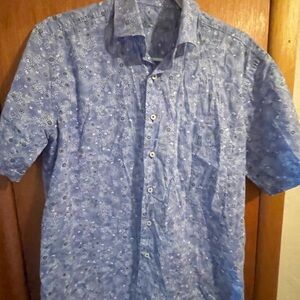 Allen Flusser Mens Blue  Button Down Linen Shirt Short Sleeve Size M